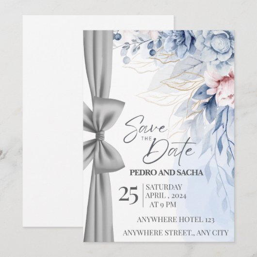Elegant Blue Floral Save The Date Card with Silver Kaart (Voorkant / Achterkant)
