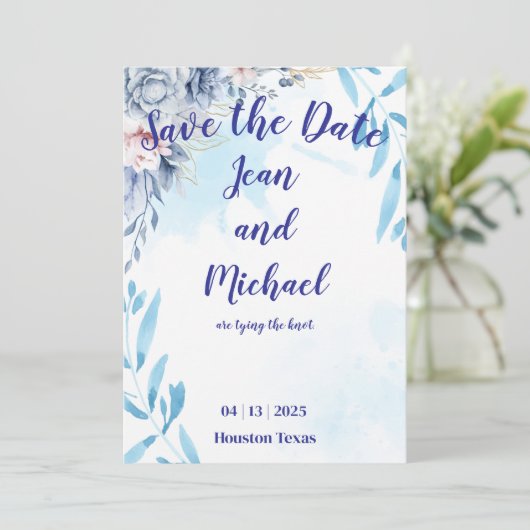 Elegant Blue Floral Save the Date Kaart (Staand voorkant)