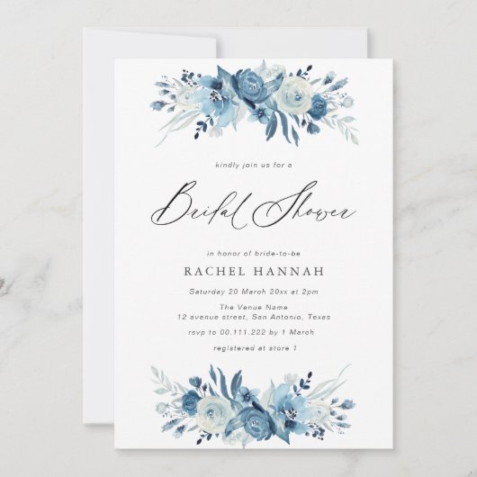 Elegant blue floral script vrijgezellenfeest kaart (Voorkant)