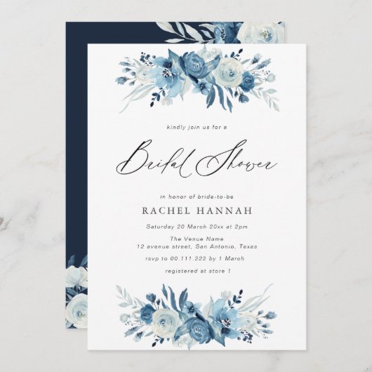 Elegant blue floral script vrijgezellenfeest kaart (Voorkant / Achterkant)