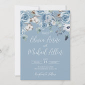 Elegant Blue Floral Script Wedding Invitation Kaart (Voorkant)