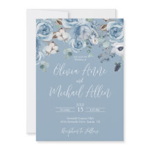 Elegant Blue Floral Script Wedding Invitation