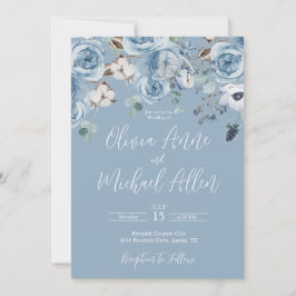 Elegant Blue Floral Script Wedding Invitation Kaart