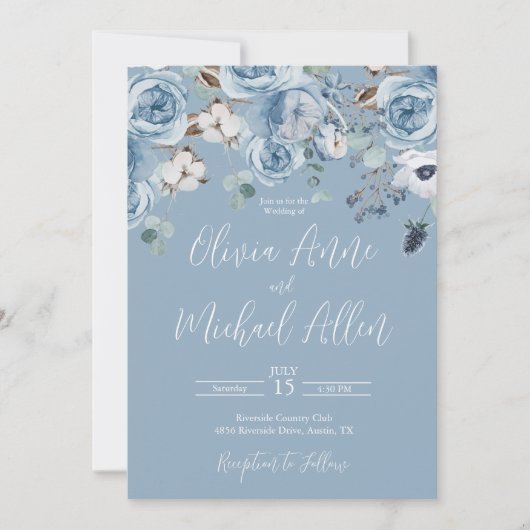 Elegant Blue Floral Script Wedding Invitation Kaart (Voorkant)