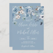 Elegant Blue Floral Script Wedding Invitation Kaart (Voorkant / Achterkant)