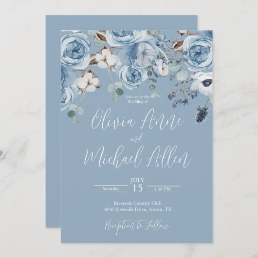 Elegant Blue Floral Script Wedding Invitation Kaart (Voorkant / Achterkant)