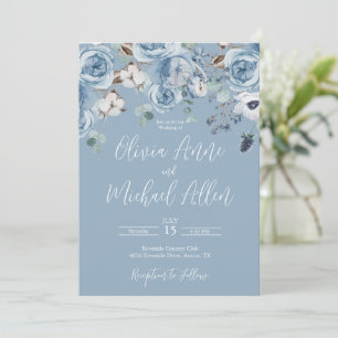 Elegant Blue Floral Script Wedding Invitation Kaart