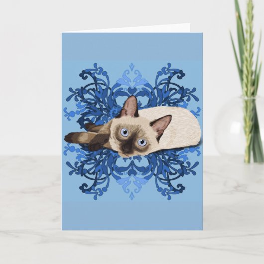 Elegant Blue Floral Siamese Cat  Feline Kaart (Voorkant)