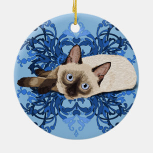 Elegant Blue Floral Siamese Cat  Feline Keramisch Ornament
