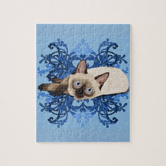 Elegant Blue Floral Siamese Cat  Feline Legpuzzel (Verticaal)
