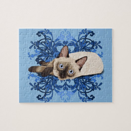 Elegant Blue Floral Siamese Cat  Feline Legpuzzel (Horizontaal)