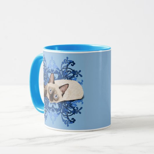 Elegant Blue Floral Siamese Cat  Feline Mok (Voorkant links)