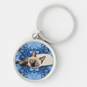 Elegant Blue Floral Siamese Cat Feline Sleutelhanger