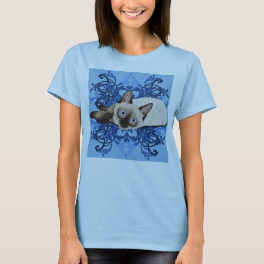 Elegant Blue Floral Siamese Cat  Feline T-shirt (Voorkant)