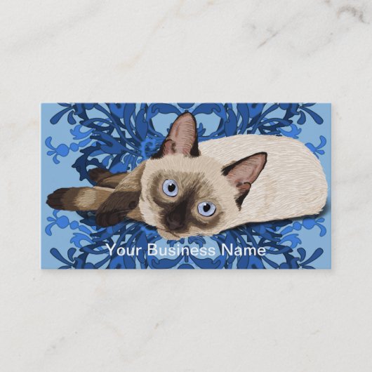 Elegant Blue Floral Siamese Cat  Feline Visitekaartje (Voorkant)
