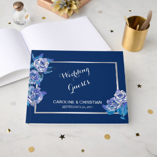 Elegant Blue Floral Silver Wedding Gastenboek