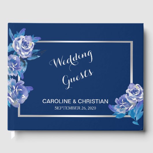 Elegant Blue Floral Silver Wedding Gastenboek (Voorkant)