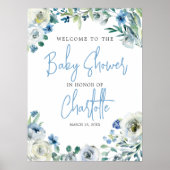 Elegant Blue Floral Spring Baby shower Welkom Poster (Voorkant)