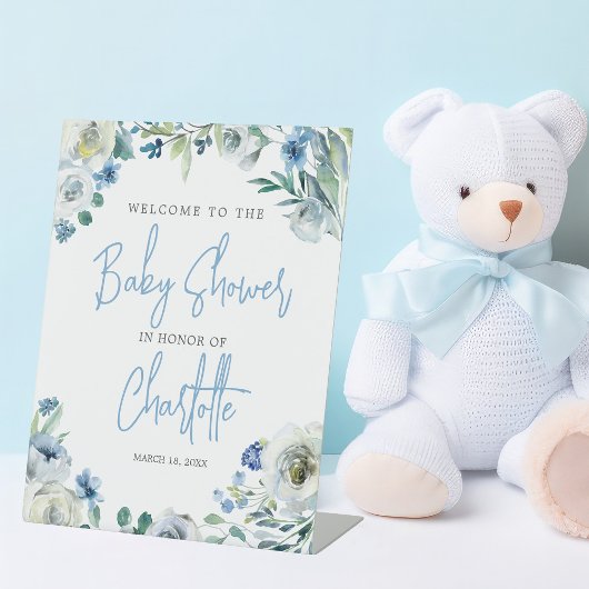 Elegant Blue Floral Spring Baby shower Welkom Reclamebord Met Voetstuk