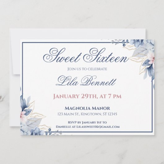 Elegant Blue Floral Sweet 16 Invitation Kaart (Voorkant)