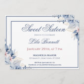 Elegant Blue Floral Sweet 16 Invitation Kaart (Voorkant / Achterkant)