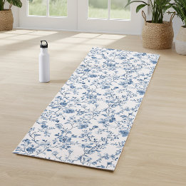 Elegant Blue Floral Toile Botanical Pattern  Yogamat