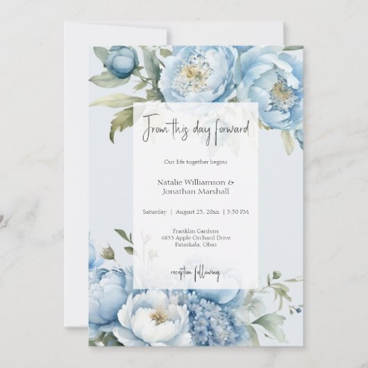 Elegant Blue Floral Two Sided Wedding Invitation Kaart (Voorkant)