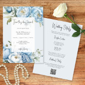Elegant Blue Floral Two Sided Wedding Invitation Kaart