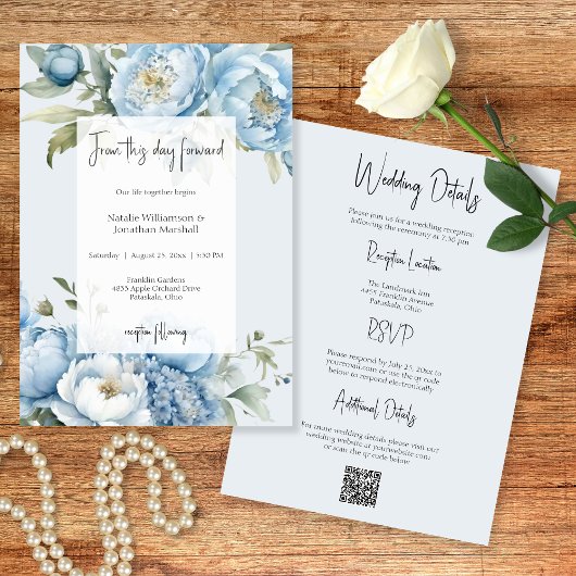 Elegant Blue Floral Two Sided Wedding Invitation Kaart