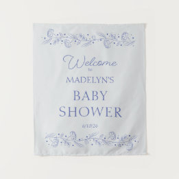 Elegant Blue Floral Vines Baby Shower Welcome Sign Wandkleed