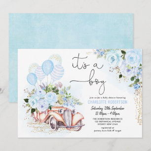 Elegant Blue Floral Vintage Car Boy Baby shower Kaart