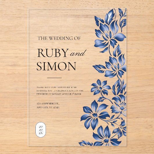 Elegant Blue Floral Vintage Wedding Acryl Uitnodigingen (Voorkant)