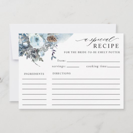 Elegant Blue Floral Vrijgezellenfeest Recipcard (Voorkant)