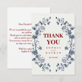 Elegant Blue Floral Weddenschap Hartelijk dank Bedankkaart (Voorkant / Achterkant)