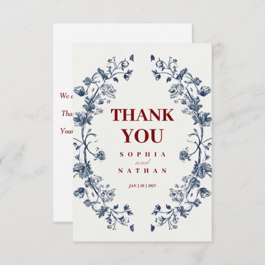Elegant Blue Floral Weddenschap Hartelijk dank Bedankkaart (Voorkant / Achterkant)