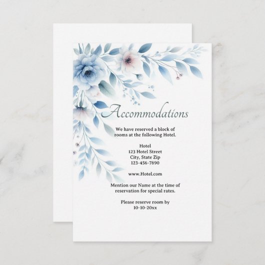 Elegant Blue Floral Wedding Accommodation  Informatiekaartje (Voorkant / Achterkant)