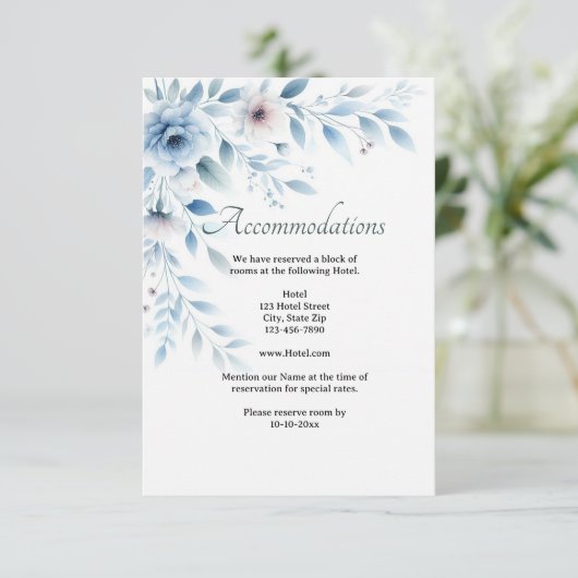 Elegant Blue Floral Wedding Accommodation  Informatiekaartje (Staand voorkant)