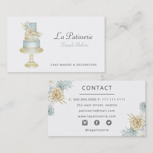 Elegant Blue Floral Wedding Cake Makers Bakery Visitekaartje (Voorkant / Achterkant)