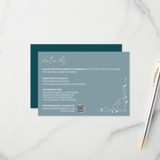 Elegant Blue Floral Wedding Details Card RSVP Kaartje (Voorkant / Achterkant in situ)
