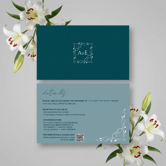 Elegant Blue Floral Wedding Details Card RSVP Kaartje