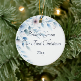 Elegant Blue Floral Wedding First Christmas Keramisch Ornament