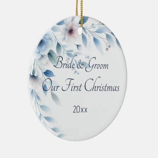 Elegant Blue Floral Wedding First Christmas Keramisch Ornament (Rechts)
