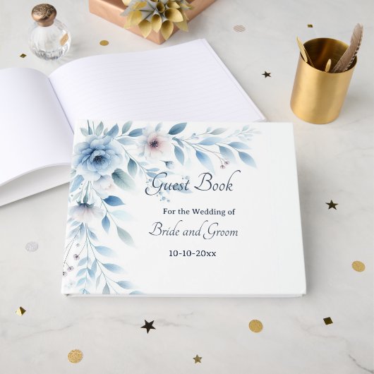 Elegant Blue Floral Wedding Guest Book Gastenboek (Voorkant open)