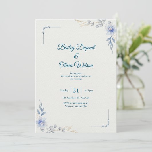 Elegant Blue Floral Wedding Invitation Kaart (Staand voorkant)