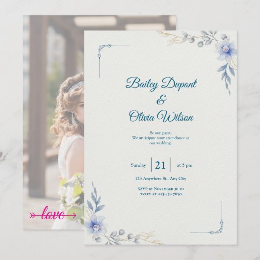 Elegant Blue Floral Wedding Invitation Kaart (Voorkant / Achterkant)