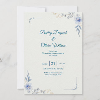Elegant Blue Floral Wedding Invitation Kaart