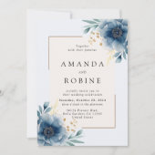 Elegant Blue Floral Wedding Invitation Kaart (Voorkant)