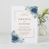 Elegant Blue Floral Wedding Invitation Kaart (Staand voorkant)