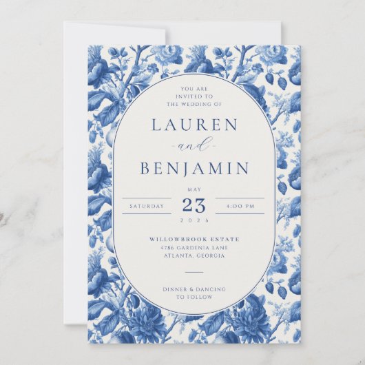 Elegant Blue Floral Wedding Invitation Kaart (Voorkant)