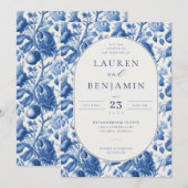 Elegant Blue Floral Wedding Invitation Kaart (Voorkant / Achterkant)